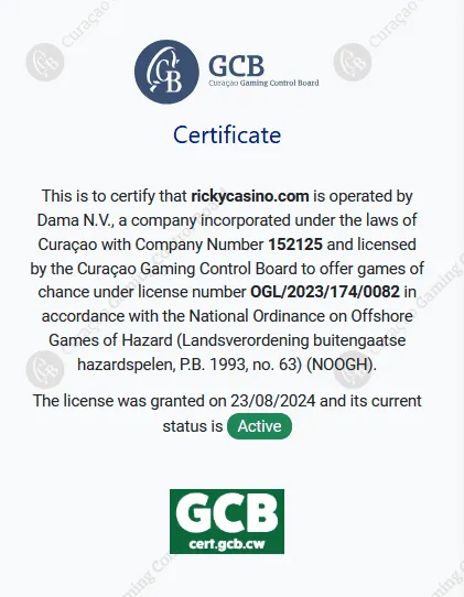 Rickycasino Curacao GCB Certificate Rickycasino Curacao GCB Certificate